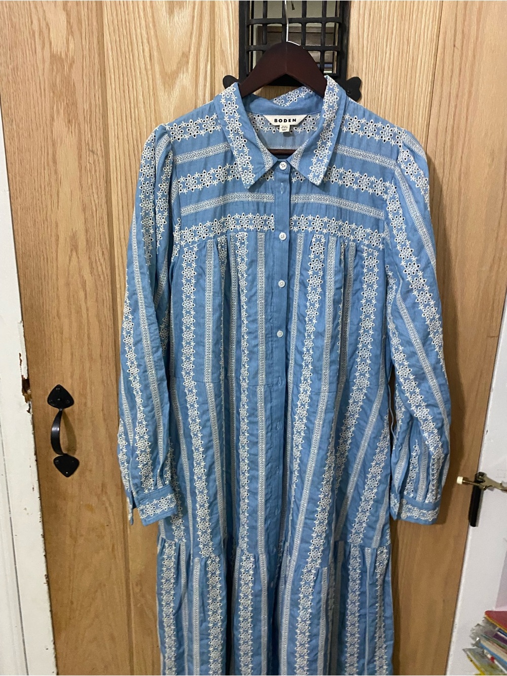 Boden Ellie Cotton Maxi Shirt Dress Broderie Denim Sz 16-18L Missing Belt. - Picture 3 of 8